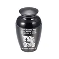 Small black aluminum cremation urn with motorcycle and cross engraving for memorial - Black Jar (12212) / 65x45mm
