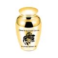 Small golden aluminum memorial urn for pet ashes with fishing theme engraving design - Gold