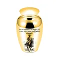 Golden small cremation urn for ashes with cowboy rider engraving and memorial text - 65x45mm / Gold