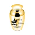 Elegante goldene Gedenkurne mit eingraviertem Cowboy und herzerwärmendem Zitat für Haustiere - Goldenes Glas 65x45mm