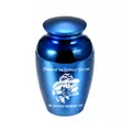 Small blue aluminum alloy memorial urn for pet ashes with unique fishing themed engraving - Blue