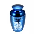 Small blue aluminum cremation urn with motorcycle and cross engraving for memorial use - Blue Jar (12212) / 65x45mm