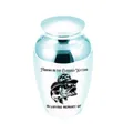 Small aluminum alloy memorial urn for pet ashes with fishing theme and engraved text - Sky Blue