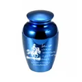 Blauwe herdenkings-crematie-urn met gegraveerd ruiterontwerp en In Loving Memory-tekst - Blauwe Pot 65x45mm