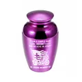 Small purple aluminum memorial cremation urn featuring motorcycle and cross design - Purple Jar (12212) / 65x45mm