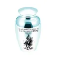 Silver metallic pet cremation urn with cowboy engraving and memorial quote - 65x45mm / Sky Blue