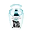 Small blue aluminum alloy memorial cremation urn with motorcycle and Jesus design - Sky Blue Jar (12212) / 65x45mm
