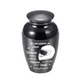 Small black keepsake cremation urn featuring a motorcycle helmet and memorial text - Black Jar 65x45mm