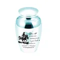 Blauwe metalen urn met cowboy-gravure en een oprechte tekst als herdenkingscitaat - Hemelsblauw Pot 65x45mm