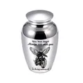 Polished aluminum memorial urn with motorcycle angel engraving and detailed text - 65x45mm / Silver