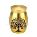 Detailansicht einer kleinen goldenen Urne mit Lebensbaum-Motiv und roten Vögeln - Kleine Urne / Gold