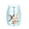 Detailed hummingbird and flower illustration on a small light blue aluminum cremation urn - 30x40mm / Sky Blue