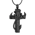 Black antler cross cremation urn pendant necklace with fish hook design for men - Black