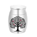 Kleine Gedenkurne aus Edelstahl mit dem Lebensbaum-Motiv und roten Vögeln für Haustiere - Kleine Urne / Silber