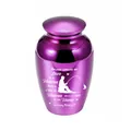 Macro view of small purple memorial urn featuring an engraved fishing silhouette - 65x45mm / Purple