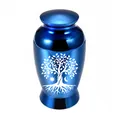 Kleine blaue Tierurne aus Aluminium mit weißem Lebensbaum-Design und Sonne-Mond-Motiv - 70x45mm / Blau