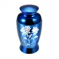 Deep blue alloy memorial cremation urn with elegant white rose pattern engraving for ashes - 70x45mm / Blue