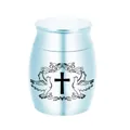 Small blue aluminum cremation urn with cross and doves design for pet ashes - 30x40mm / Sky Blue