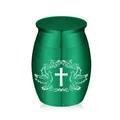 Small green aluminum cremation urn featuring an engraved white cross and doves motif - 30x40mm / Green