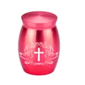 Small red aluminum memorial urn with white cross and dove design for pet ashes. - 30x40mm / Red