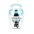 Light blue aluminum cremation urn for human or pet ashes with motorcycle angel engraving - 65x45mm / Sky Blue