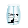 Small blue metal pet cremation urn for cat ashes with memorial quote and cat silhouette - 30x40mm / Sky Blue