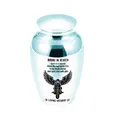 Durable stainless steel cremation urn memorial souvenir with motorcycle engraving - Motorcycle Memorial Style (10223) / Sky Blue Jar 65x45mm