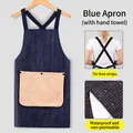Navy blue pinstripe waterproof kitchen apron with hand-wiping towel pocket - Waterproof Cross Strap With Hand Towel / Blue