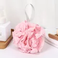 Soft pink bath loofah sponge with lace edges and gray hanging strap for daily shower - Pink