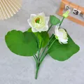 Realistischer weißer künstlicher Lotusblütenzweig mit Blüten, Knospen und großen grünen Blättern - Weiß