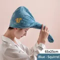 Super absorbent blue microfiber hair drying cap with a cute squirrel embroidery patch - Blue Squirrel / 65x25cm