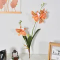 Lifelike 4-head orange Cattleya orchid with green leaves for home and wedding decor - Multiple Heads with Leaves / Orange