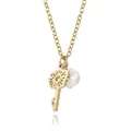 Macro detail view of gold hollow flower key pendant with white pearl accessories - April Daisy
