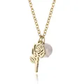 Close-up of an elegant gold hollow rose pendant necklace featuring a delicate pink pearl charm - June Rose