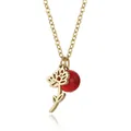 Macro view of gold-plated stainless steel hollow flower pendant with vibrant red bead - July Water Lily