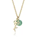 Detailed view of a gold stainless steel cutout flower pendant with a green bead charm. - August Poppy