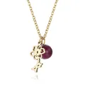 Detail of hollow gold flower pendant and purple bead on titanium steel chain necklace. - October Cosmos