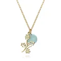 Detail view of gold titanium steel hollow flower necklace with light blue bead accent. - December Holly