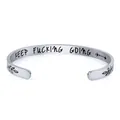 Bracelet jonc ouvert en acier titane argenté gravé 'KEEP FUCKING GOING' et motifs - Motif Floral Extérieur (B830) / Argent