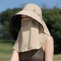 Woman's beige UV protection sun hat featuring integrated face mask and neck cover for outdoors - Adjustable / Khaki