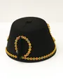 Detailed view of luxury black felt fez hat with colorful gemstone gold trim and black tassel - Black