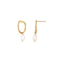 Elegantes pendientes colgantes de acero inoxidable bañados en oro de 18K con perlas blancas - Estilo Perla de Metal Aerodinámico (E1598-GO)