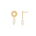Elegantes pendientes de acero chapado en oro de 18K con disco y perla colgante - Estilo Perla en Gota de Agua Disco de Metal Martillado (E1599-GO)