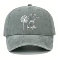 Close-up of artistic dandelion and 'just breathe' print on gray washed denim cap - Adjustable / Gray