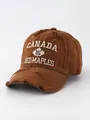 Detailed view of vintage washed distressed brown denim baseball cap with Canada embroidery - Adjustable / Camel