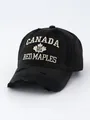 Close-up of vintage washed distressed black denim baseball cap with Canada embroidery - Adjustable / Black