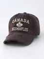 Close-up of retro distressed denim baseball cap with Canada maple leaf embroidery - Adjustable / Dark Coffee
