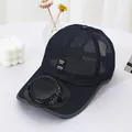Breathable navy blue mesh sun hat with integrated solar powered fan on brim - Navy Blue
