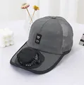 Close-up of a grey mesh sun hat featuring a built-in solar-powered fan on the brim. - Gray