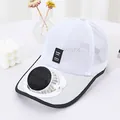 Close-up of white breathable mesh baseball cap with integrated solar-powered fan on brim. - White